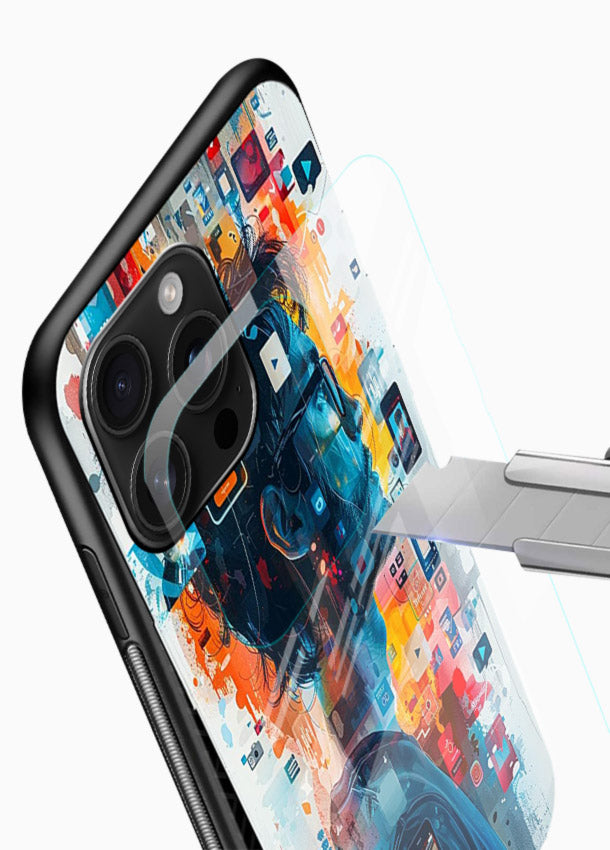 AI Media Collage futuristic digital media artwork glossy vibrant premium glass back cover - Angle Blade