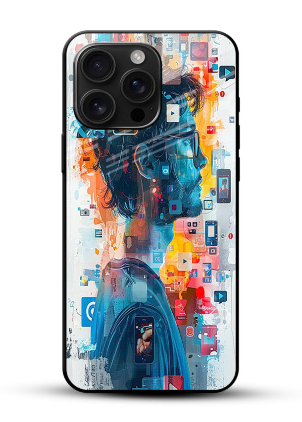 AI Media Collage futuristic digital media artwork glossy vibrant premium glass back cover - Angle Front