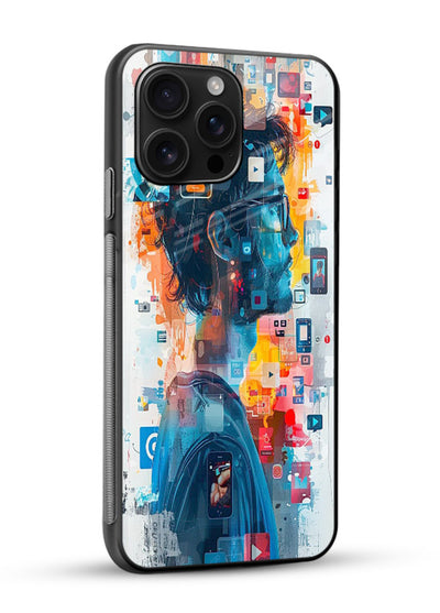 AI Media Collage futuristic digital media artwork glossy vibrant premium glass back cover - Angle Side