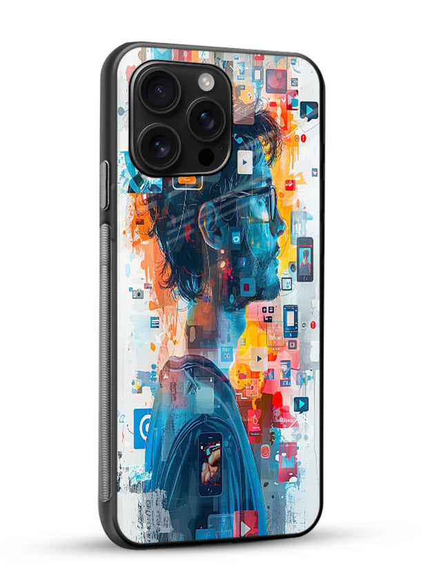 AI Media Collage futuristic digital media artwork glossy vibrant premium glass back cover - Angle Side