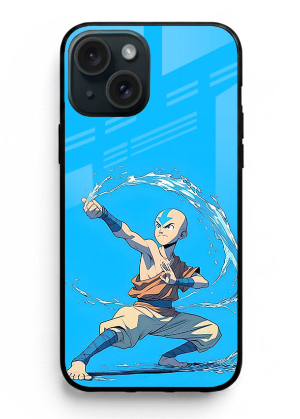 aang water master avatar art iphone 15 plus glass cover waterbending action case