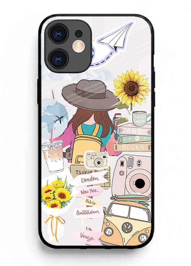Travel collage with sunflowers printed on iphone 12 glass back cover for bright uplifting inspiration.