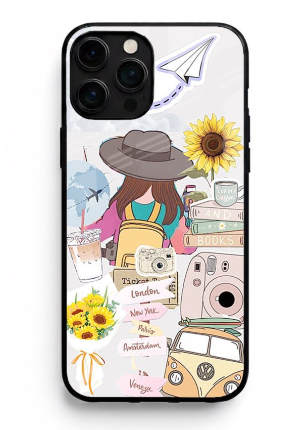 Travel collage with sunflowers printed on iphone 14 pro max glass back cover for bright uplifting inspiration.