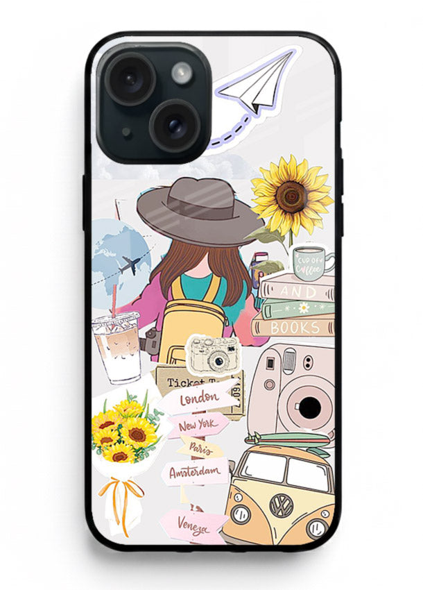 Travel collage with sunflowers printed on iphone 15 glass back cover for bright uplifting inspiration.