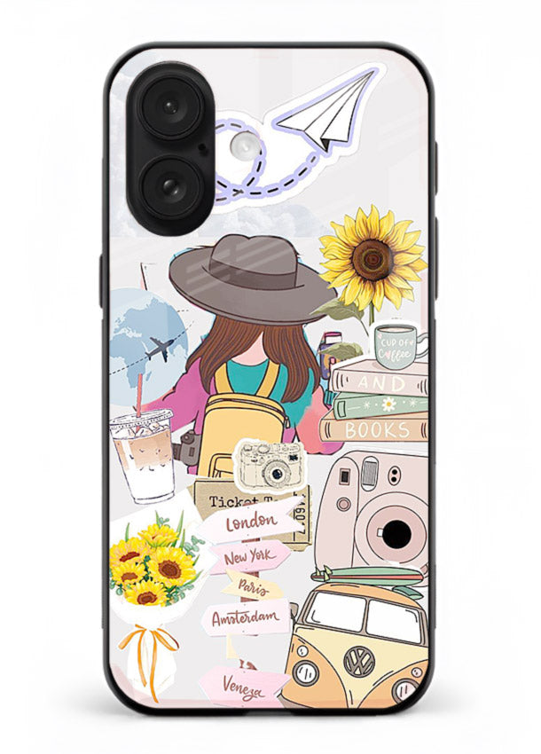 Travel collage with sunflowers printed on iphone 16 glass back cover for bright uplifting inspiration.