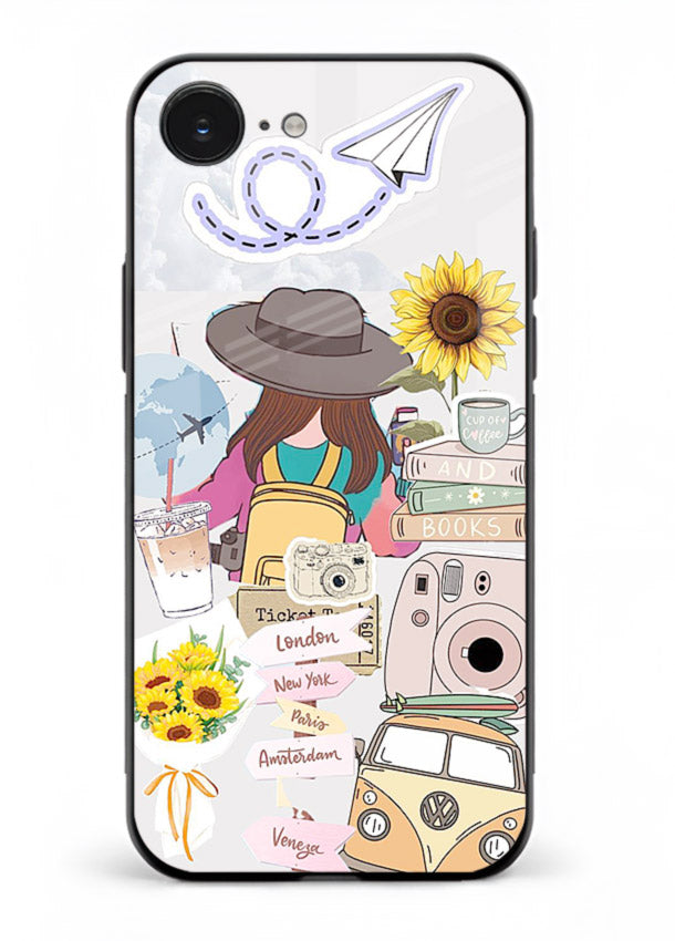 Travel collage with sunflowers printed on iphone 16e glass back cover for bright uplifting inspiration.