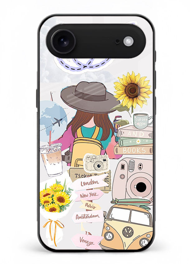 Travel collage with sunflowers printed on iphone 17 air glass back cover for bright uplifting inspiration.