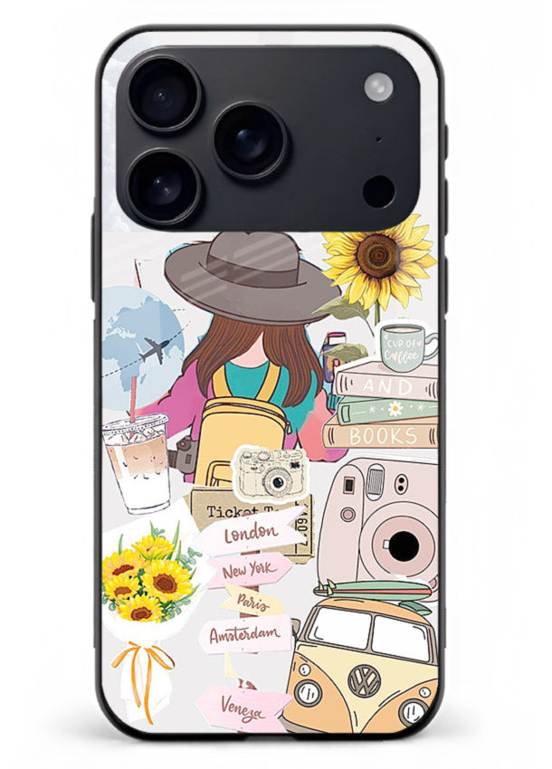 Travel collage with sunflowers printed on iphone 18 pro max glass back cover for bright uplifting inspiration.