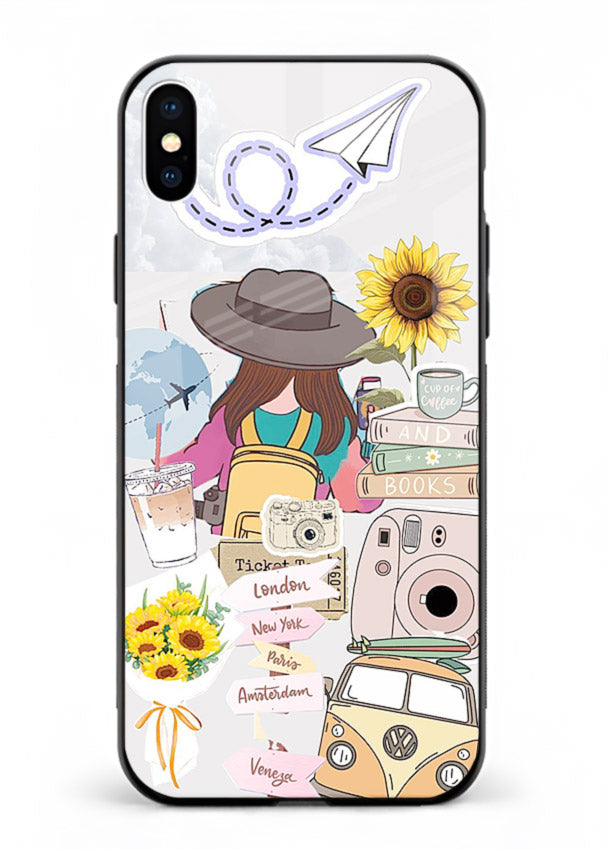 Travel collage with sunflowers printed on iphone xs max glass back cover for bright uplifting inspiration.