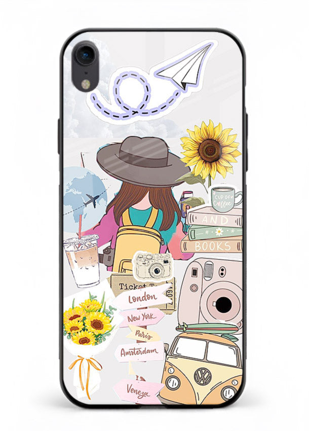 Travel collage with sunflowers printed on iphone xr glass back cover for bright uplifting inspiration.