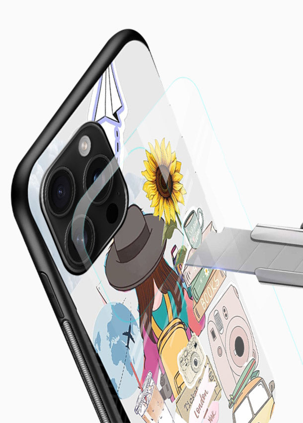 Travel collage with sunflowers printed on glossy vibrant premium glass back cover for bright uplifting inspiration. - Angle Blade