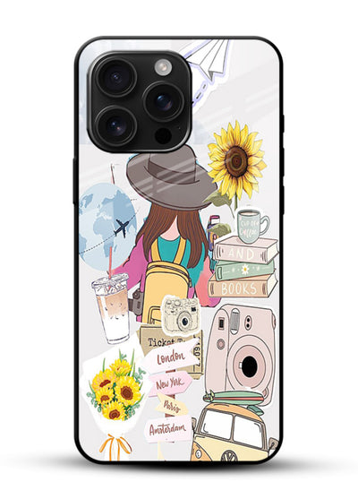 Travel collage with sunflowers printed on glossy vibrant premium glass back cover for bright uplifting inspiration. - Angle Front