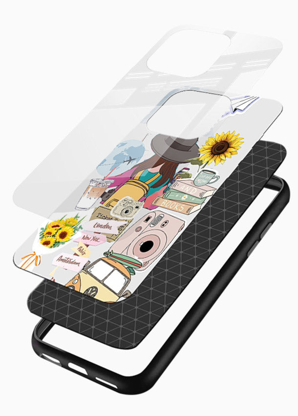 Travel collage with sunflowers printed on glossy vibrant premium glass back cover for bright uplifting inspiration. - Angle Layers