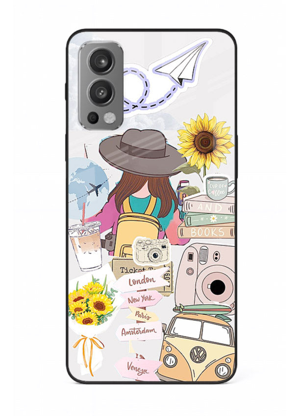 Travel collage with sunflowers printed on OnePlus Nord 2 glass back cover for bright uplifting inspiration.