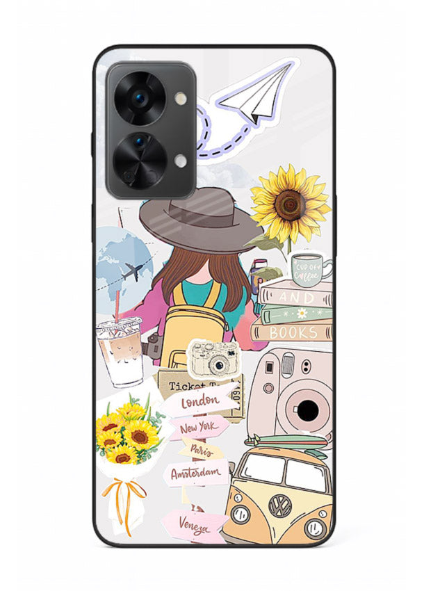 Travel collage with sunflowers printed on OnePlus Nord 2T glass back cover for bright uplifting inspiration.