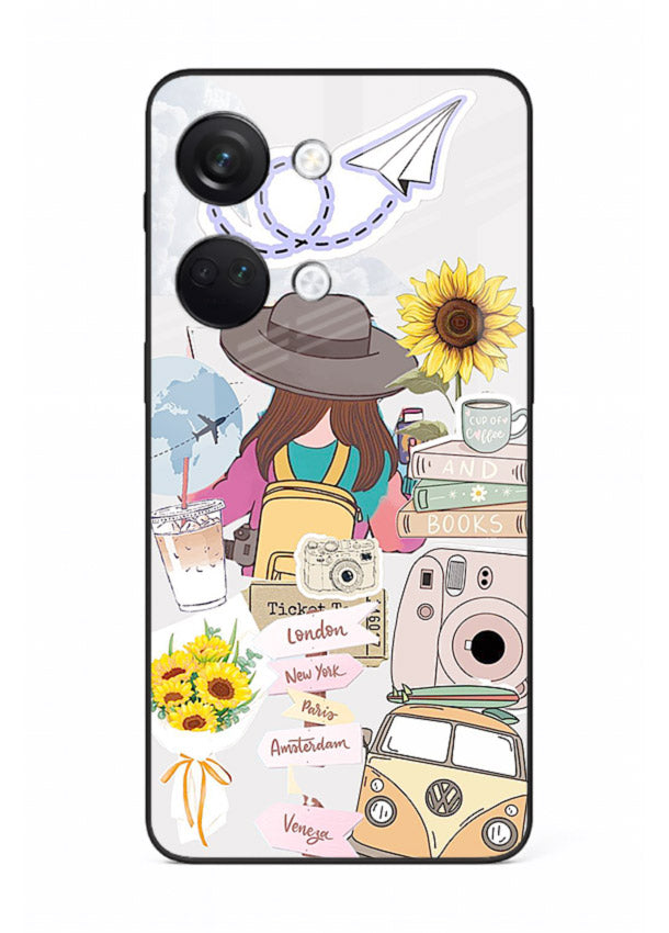 Travel collage with sunflowers printed on OnePlus Nord 3 glass back cover for bright uplifting inspiration.