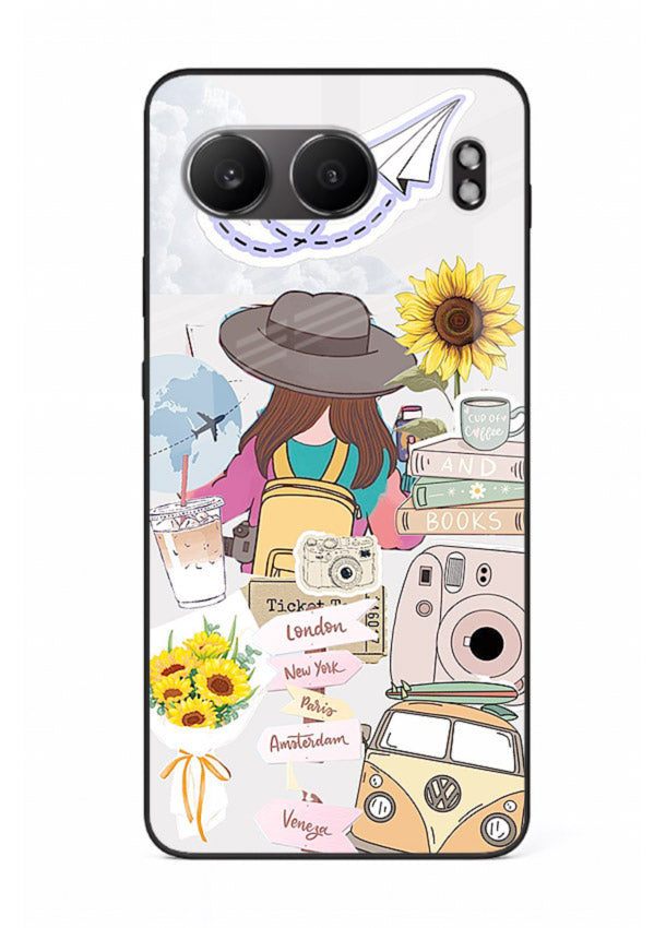 Travel collage with sunflowers printed on OnePlus Nord 4 glass back cover for bright uplifting inspiration.