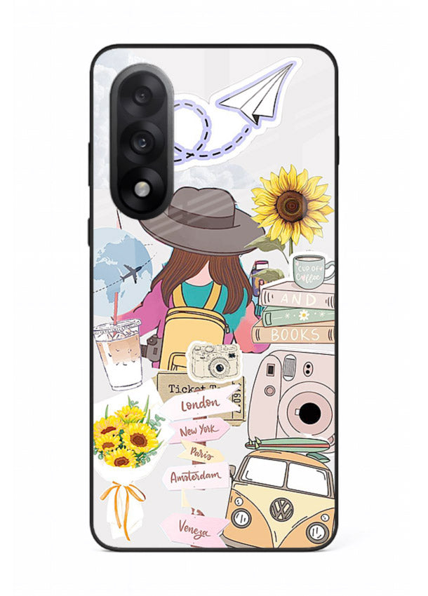 Travel collage with sunflowers printed on OnePlus Nord 5 glass back cover for bright uplifting inspiration.