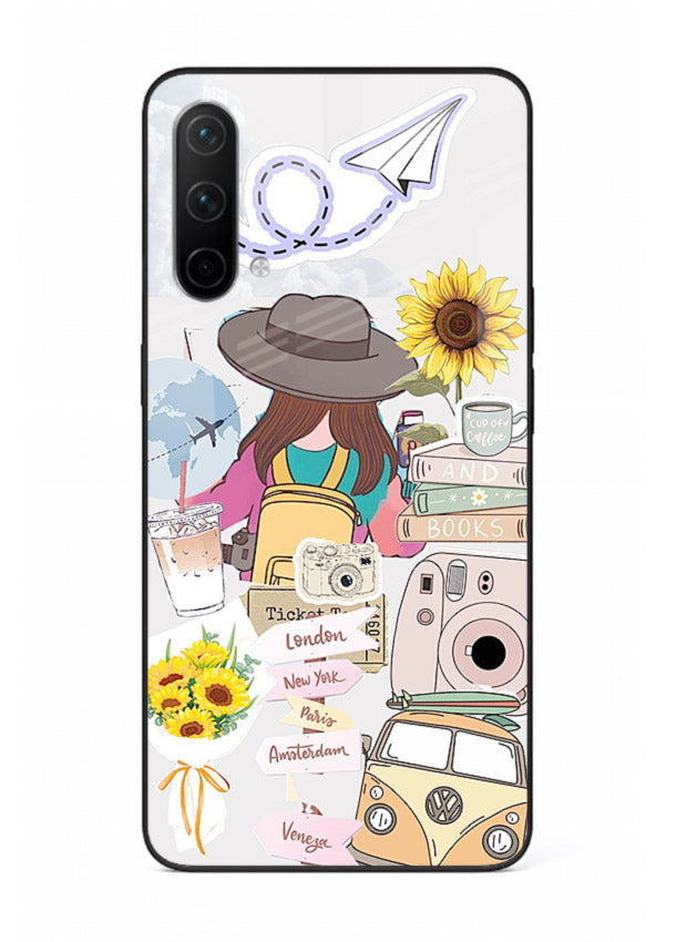Travel collage with sunflowers printed on OnePlus Nord CE 5G glass back cover for bright uplifting inspiration.