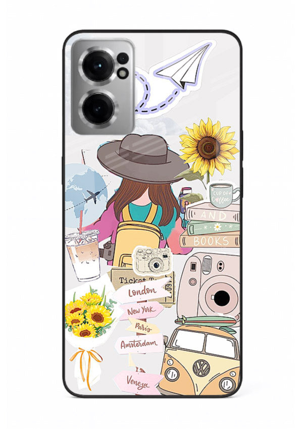Travel collage with sunflowers printed on OnePlus Nord CE2 5G glass back cover for bright uplifting inspiration.