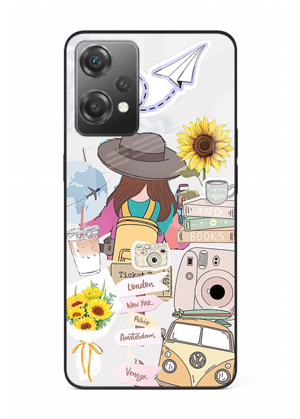 Travel collage with sunflowers printed on OnePlus Nord CE2 Lite 5G glass back cover for bright uplifting inspiration.