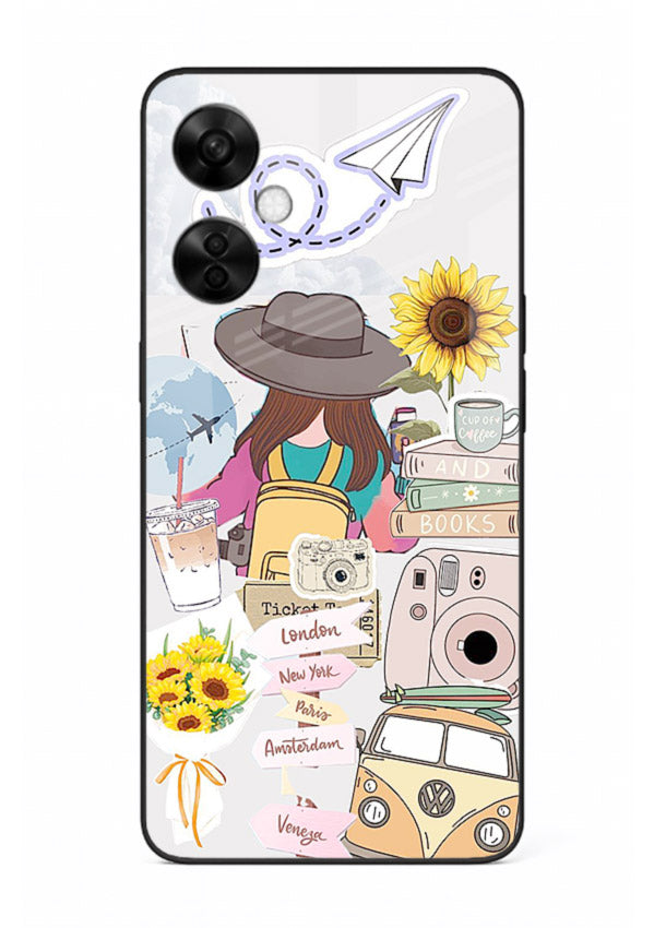 Travel collage with sunflowers printed on OnePlus Nord CE3 Lite glass back cover for bright uplifting inspiration.