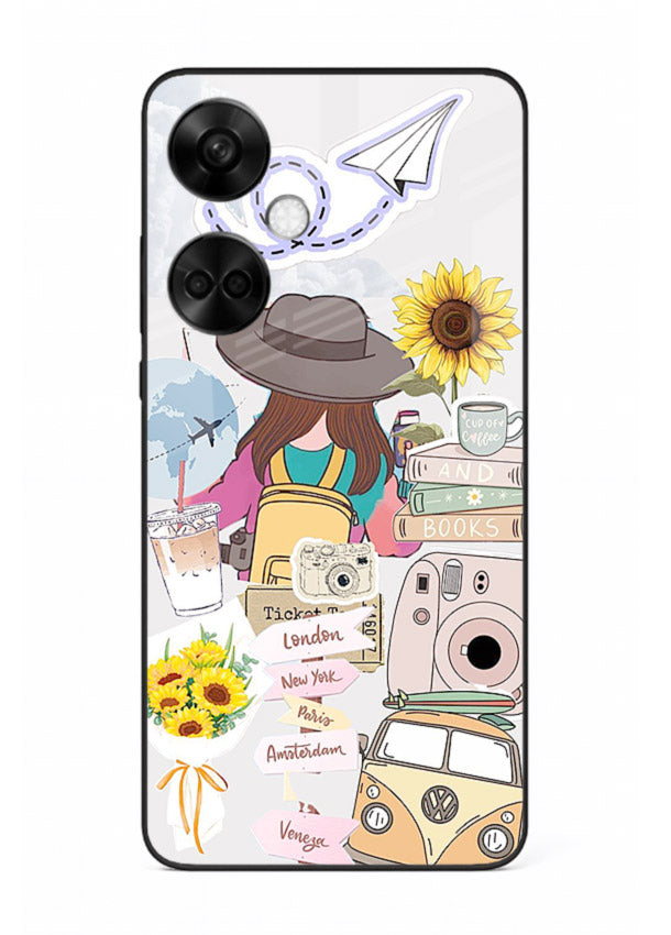 Travel collage with sunflowers printed on OnePlus Nord CE3 glass back cover for bright uplifting inspiration.