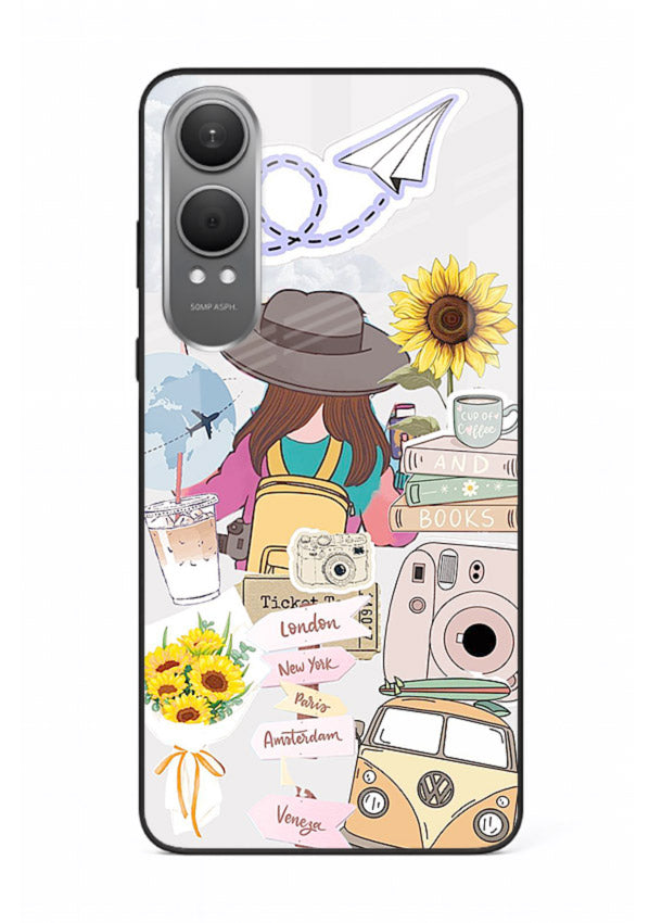 Travel collage with sunflowers printed on OnePlus Nord CE4 Lite glass back cover for bright uplifting inspiration.
