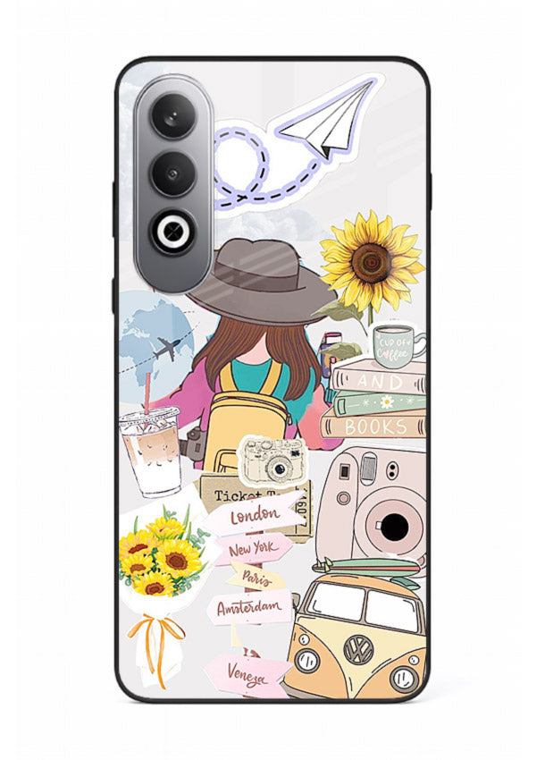 Travel collage with sunflowers printed on OnePlus Nord CE4 glass back cover for bright uplifting inspiration.
