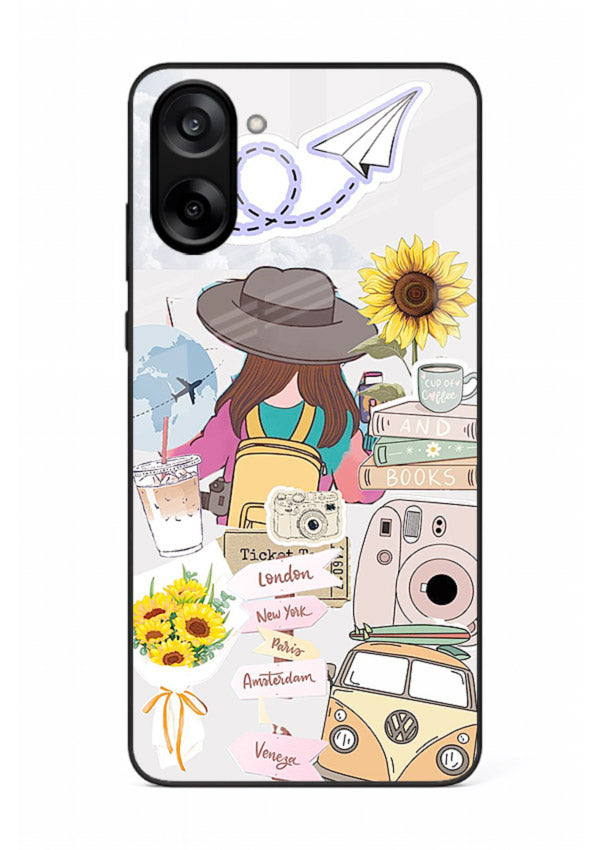 Travel collage with sunflowers printed on OnePlus Nord CE5 glass back cover for bright uplifting inspiration.