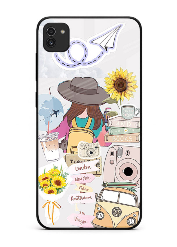 Travel collage with sunflowers printed on Samsung A03 glass back cover for bright uplifting inspiration.