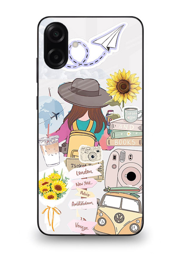 Travel collage with sunflowers printed on Samsung A07 4G glass back cover for bright uplifting inspiration.