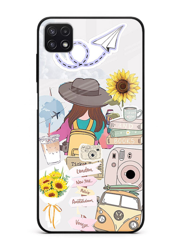Travel collage with sunflowers printed on Samsung A22 5G glass back cover for bright uplifting inspiration.