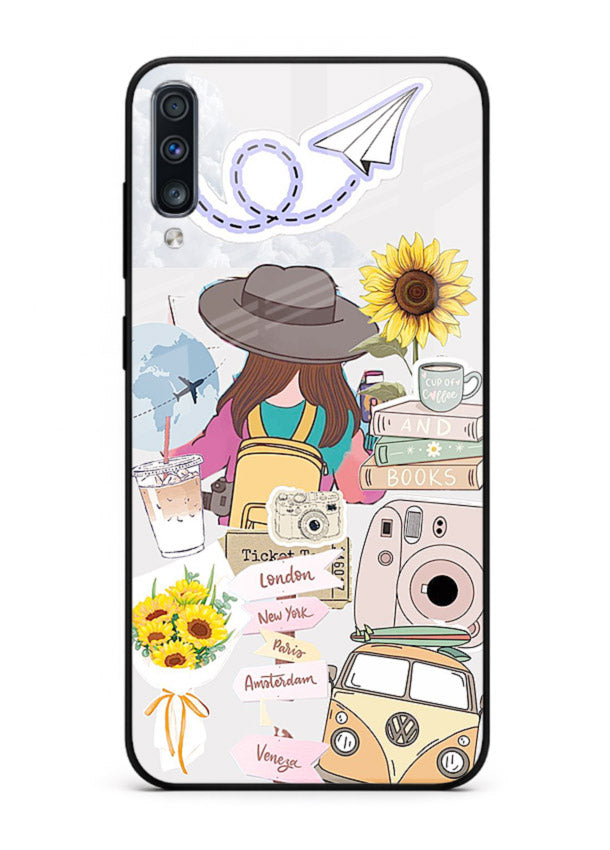 Travel collage with sunflowers printed on Samsung A70 glass back cover for bright uplifting inspiration.