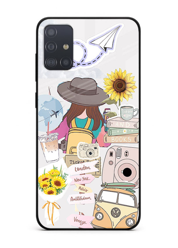 Travel collage with sunflowers printed on Samsung A51 glass back cover for bright uplifting inspiration.