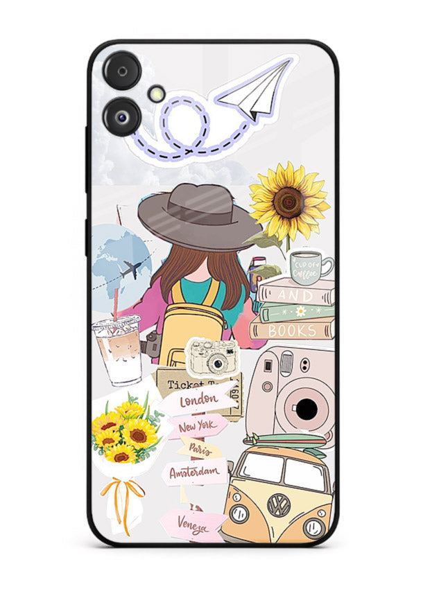 Travel collage with sunflowers printed on Samsung F14 5G glass back cover for bright uplifting inspiration.