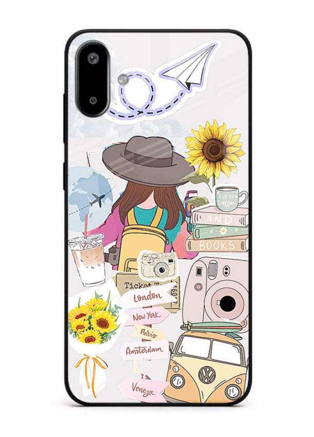 Travel collage with sunflowers printed on Samsung F06 5G glass back cover for bright uplifting inspiration.