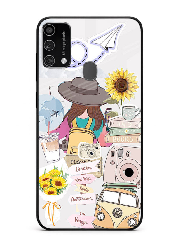 Travel collage with sunflowers printed on Samsung F41 glass back cover for bright uplifting inspiration.
