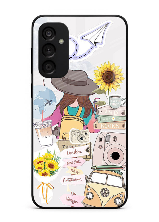 Travel collage with sunflowers printed on Samsung A04s 5G glass back cover for bright uplifting inspiration.