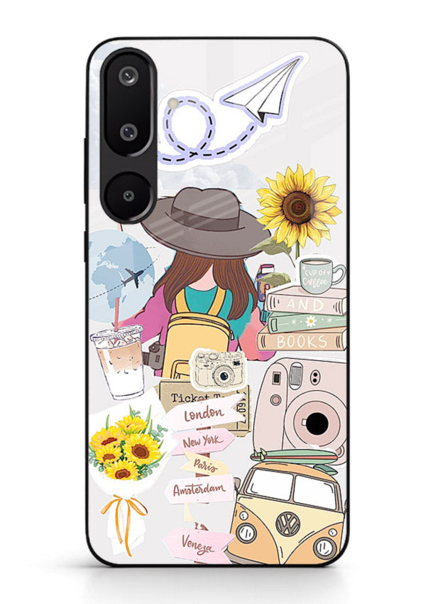 Travel collage with sunflowers printed on Samsung M16 5G glass back cover for bright uplifting inspiration.
