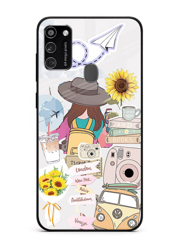 Travel collage with sunflowers printed on Samsung M21 glass back cover for bright uplifting inspiration.