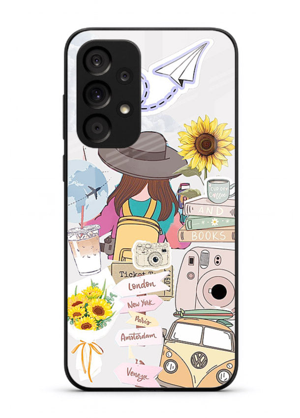 Travel collage with sunflowers printed on Samsung A73 5G glass back cover for bright uplifting inspiration.