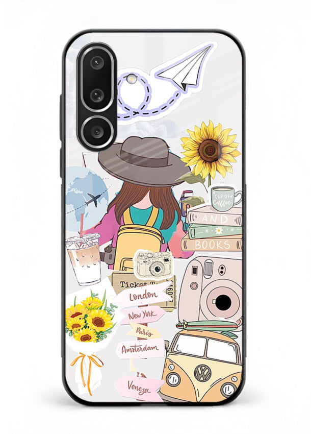 Travel collage with sunflowers printed on Samsung F56 5G glass back cover for bright uplifting inspiration.