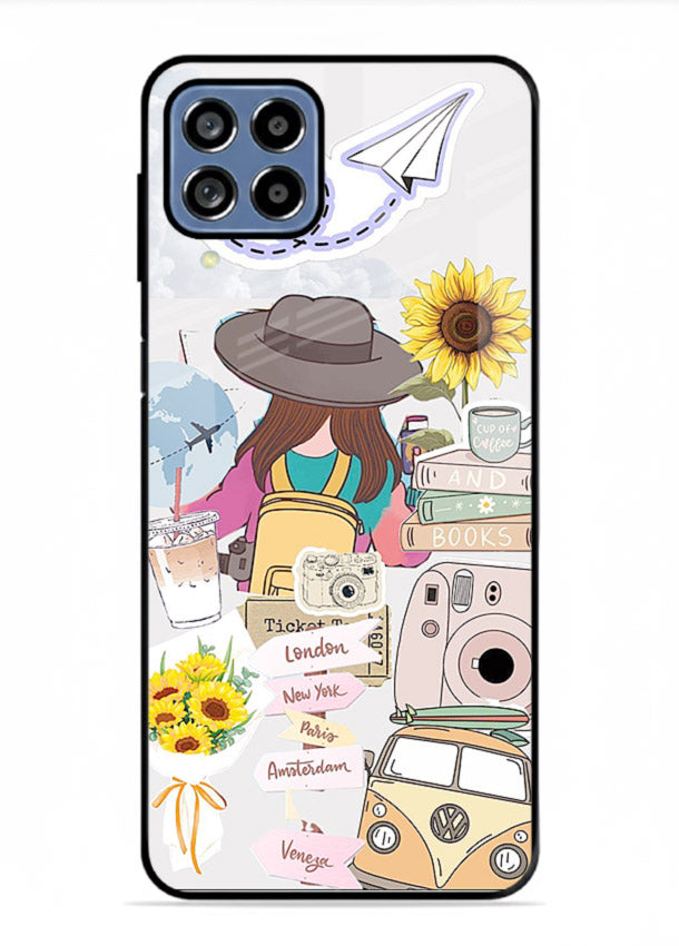 Travel collage with sunflowers printed on Samsung F62 glass back cover for bright uplifting inspiration.