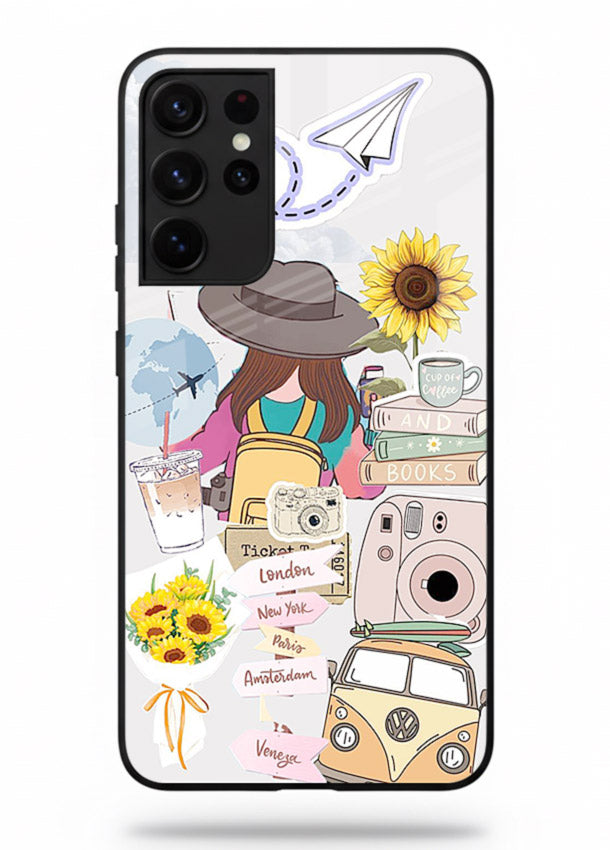 Travel collage with sunflowers printed on Samsung S21 Ultra glass back cover for bright uplifting inspiration.