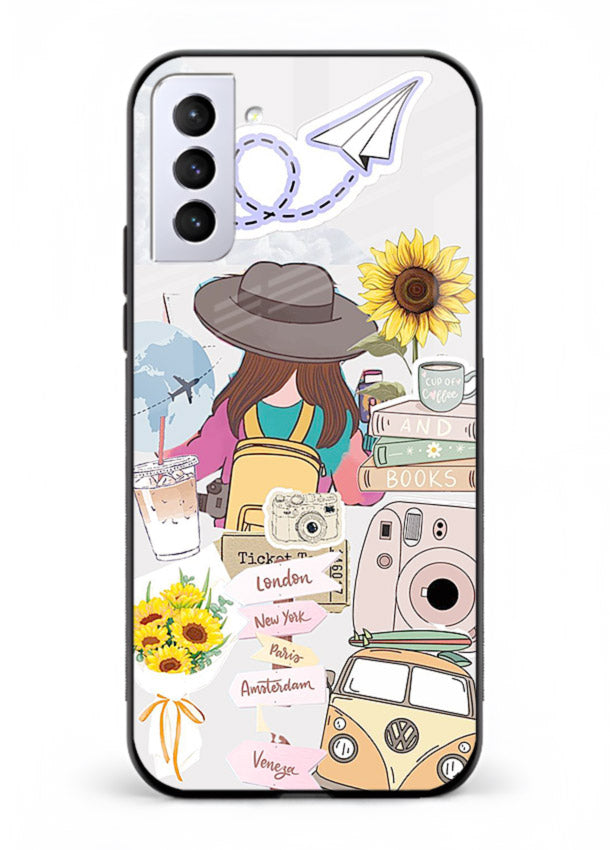 Travel collage with sunflowers printed on Samsung S21 Plus glass back cover for bright uplifting inspiration.
