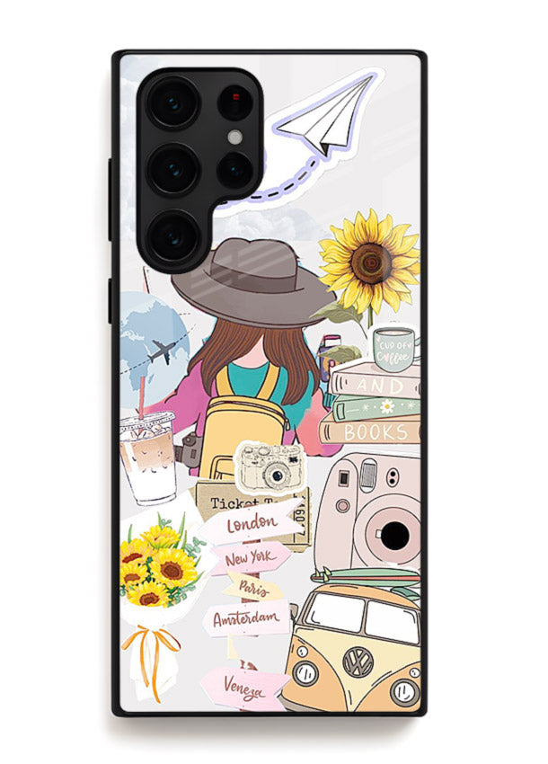 Travel collage with sunflowers printed on Samsung S25 Ultra glass back cover for bright uplifting inspiration.