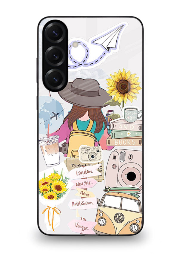Travel collage with sunflowers printed on Samsung A25 5G glass back cover for bright uplifting inspiration.