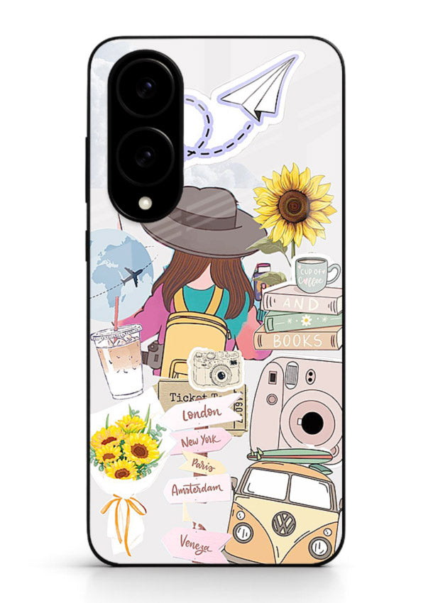 Travel collage with sunflowers printed on Samsung S25 Edge glass back cover for bright uplifting inspiration.