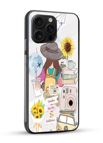 Travel collage with sunflowers printed on glossy vibrant premium glass back cover for bright uplifting inspiration. - Angle Side